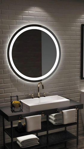 آینه گرد قطر ۸۰ سانتیمتر با نور بکلایت سندبلاست شده، مناسب دکوراسیون مدرن و نصب آسان