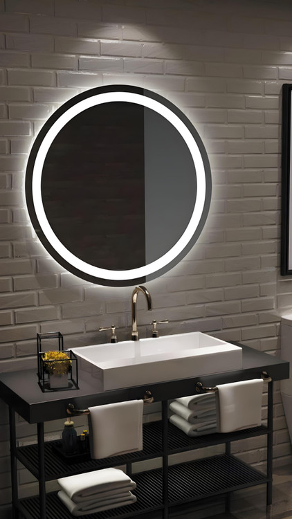 آینه گرد قطر ۸۰ سانتیمتر با نور بکلایت سندبلاست شده، مناسب دکوراسیون مدرن و نصب آسان